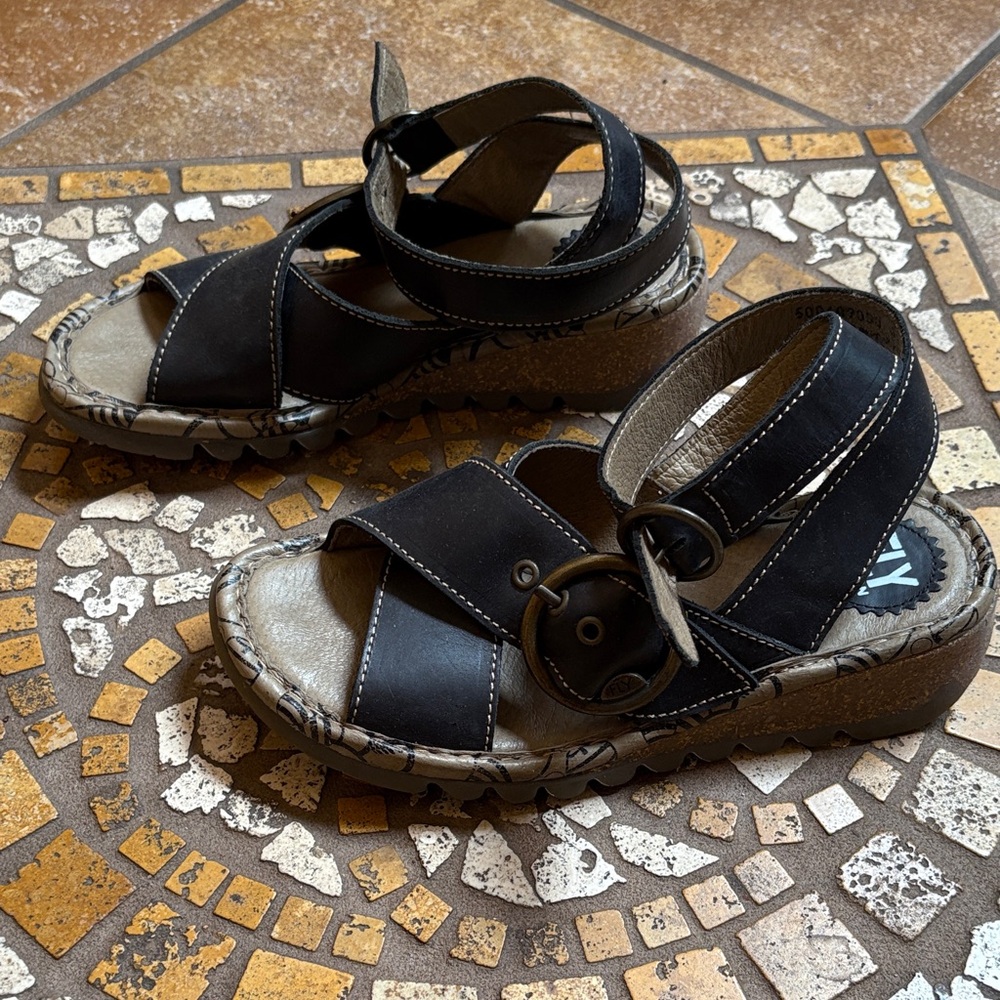Fly London Platform Black Sandals